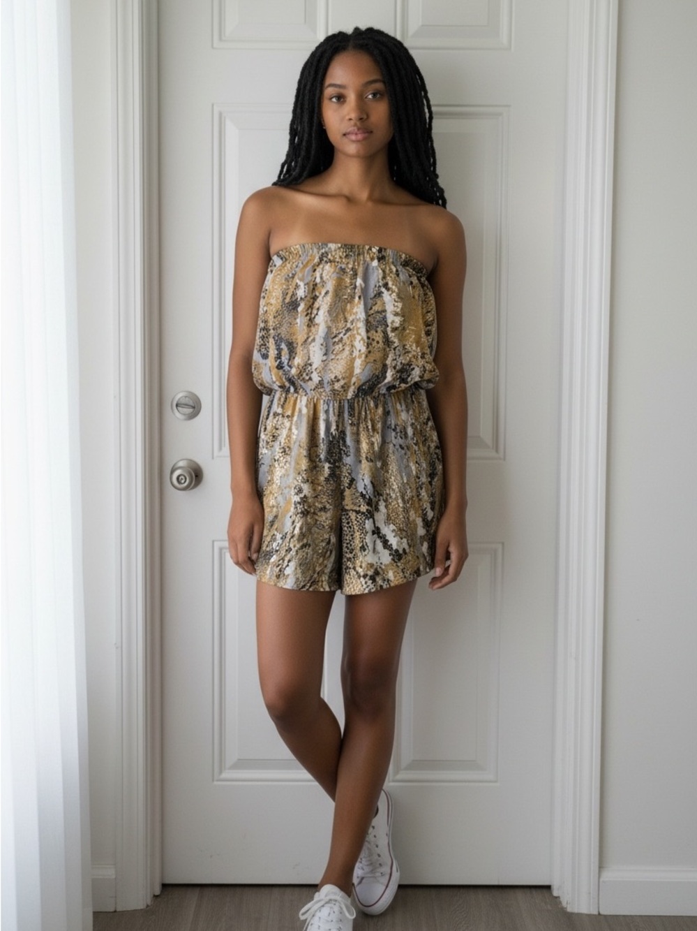 Ariella gold, grey and black snake skin Printed Sleeveless romper
